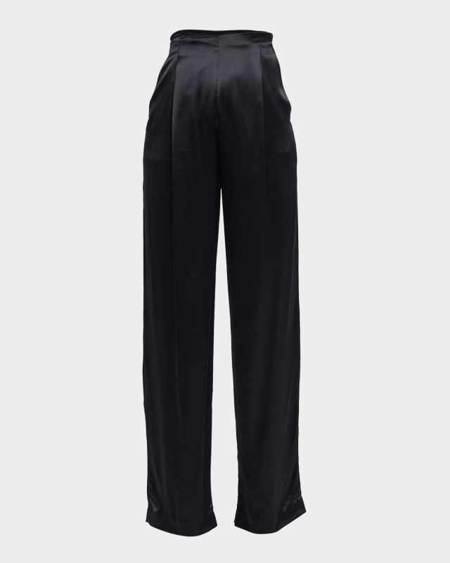 Pleated Satin Straight-Leg Trousers